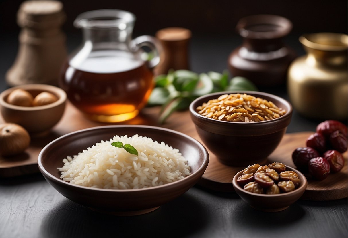 A table filled with traditional Chinese confinement food ingredients: ginger, sesame oil, red dates, and rice wine