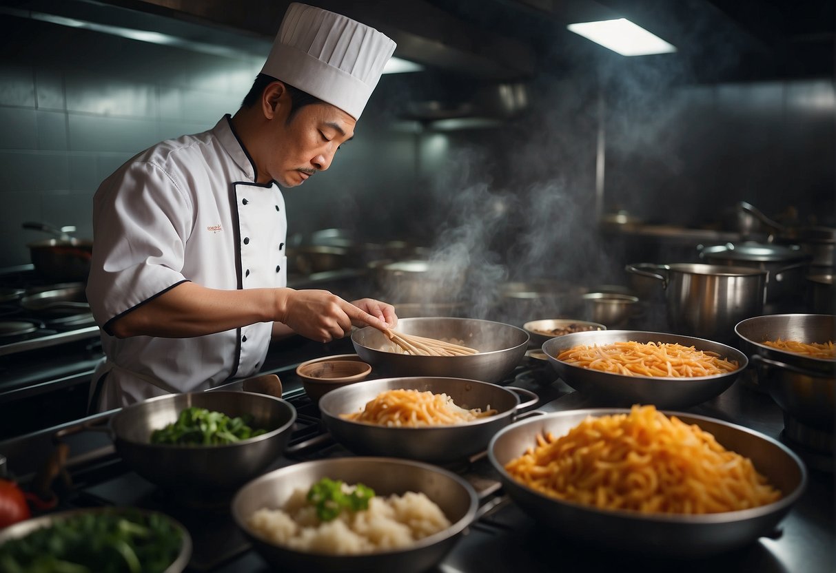 A chef prepares traditional Chinese confinement food with various ingredients and cooking utensils