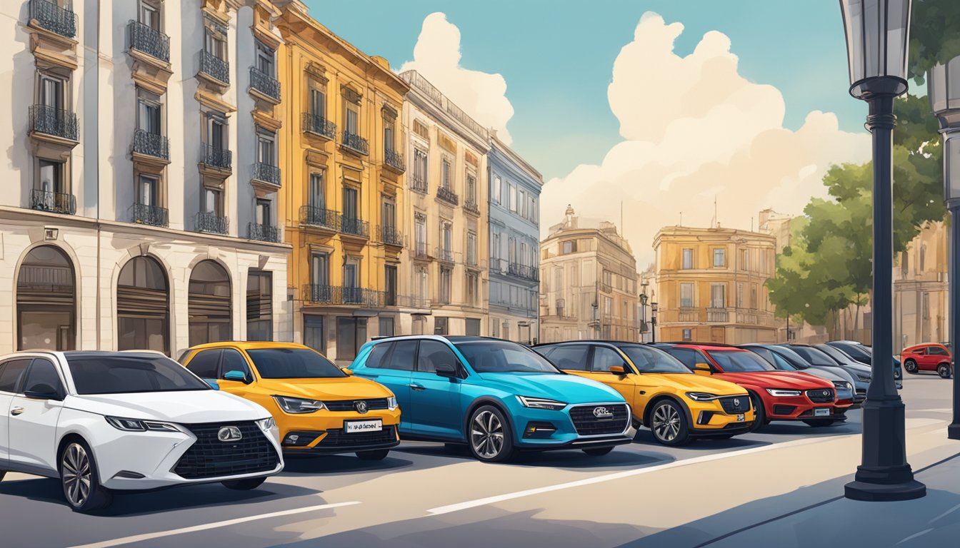 A lineup of Spanish car brands parked in a city street