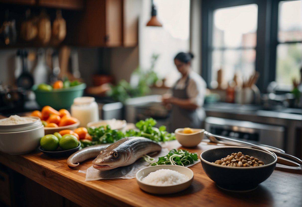 A conger eel being prepared with Chinese ingredients in a kitchen, surrounded by various cooking utensils and ingredients