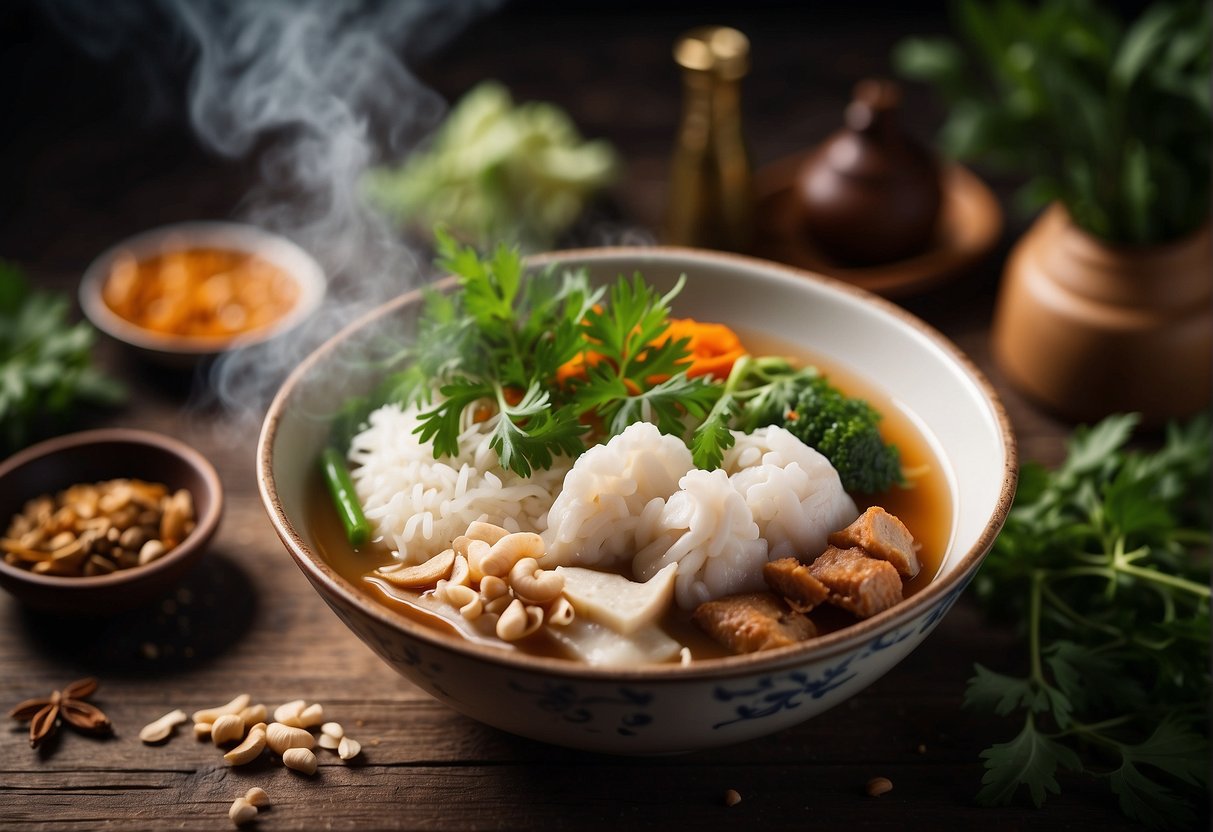 A steaming bowl of Chinese confinement food, surrounded by traditional ingredients and herbs, sits on a wooden table