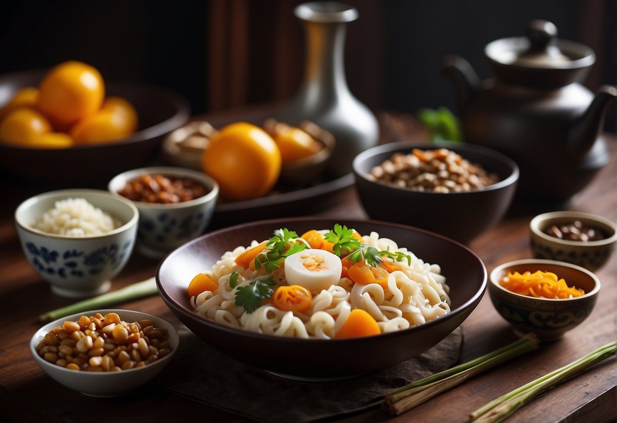 A table set with traditional Chinese confinement food ingredients and recipe book