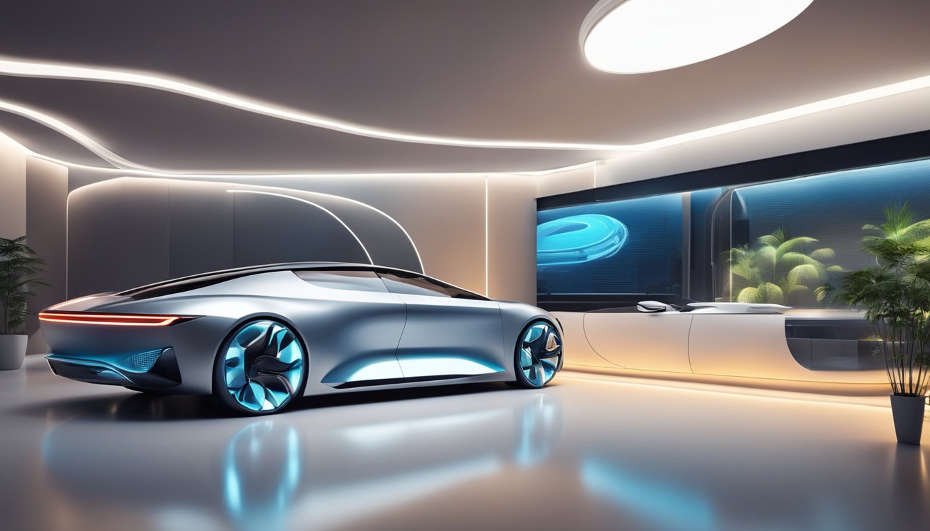 A sleek, modern car sits in a futuristic showroom, surrounded by cutting-edge design concepts and innovative technology