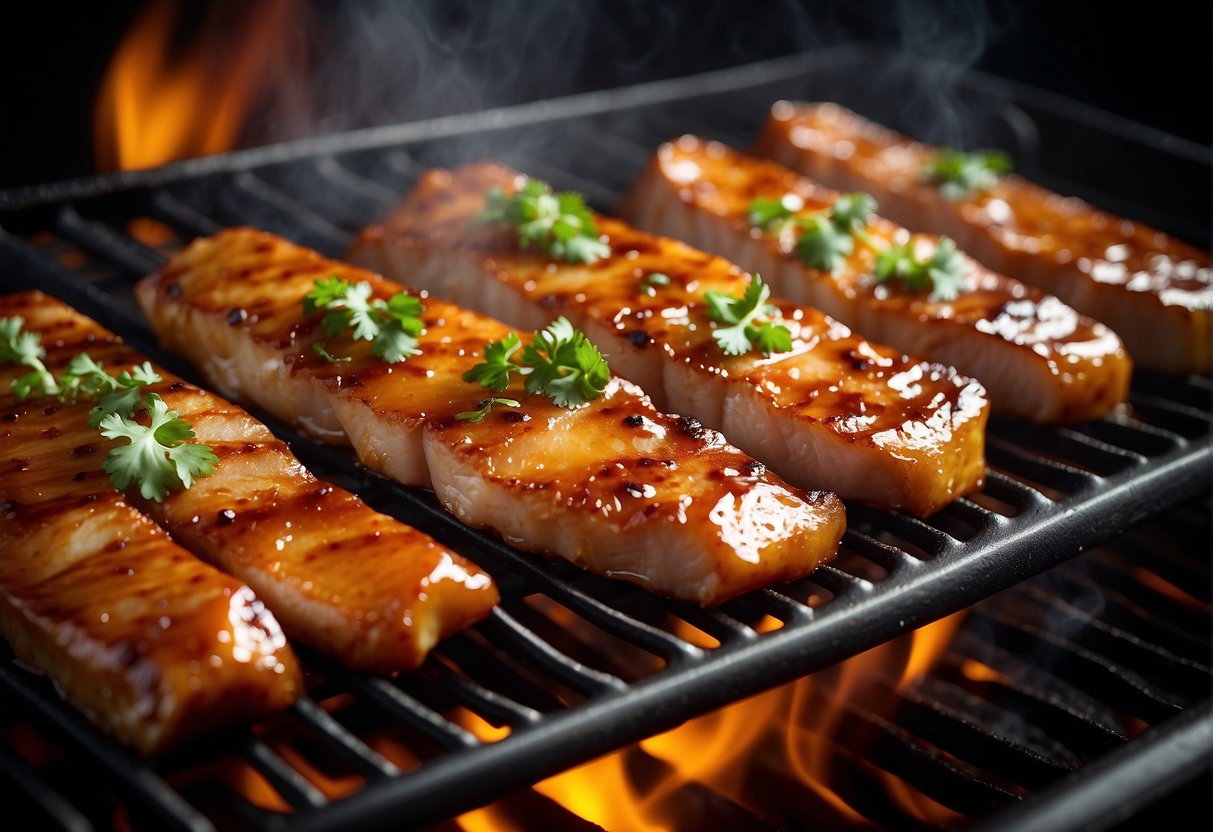 Sizzling pork slices marinated in a sweet and savory sauce on a hot grill. Steam rising, caramelized edges, and a golden glaze