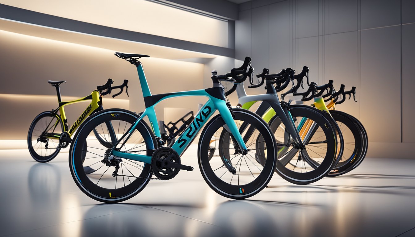 A row of sleek, high-end road bikes gleaming under spotlights in a modern showroom. Each brand's logo prominently displayed on the frame