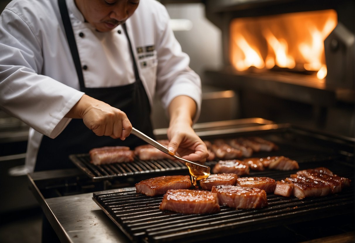 A chef brushes a glaze of honey and soy sauce onto strips of char siu pork, ready for the grill