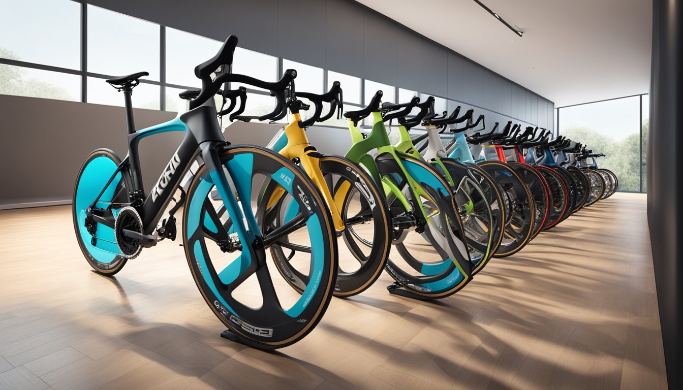 A row of high-end road bikes lined up in a sleek, modern showroom, featuring top brands and cutting-edge designs