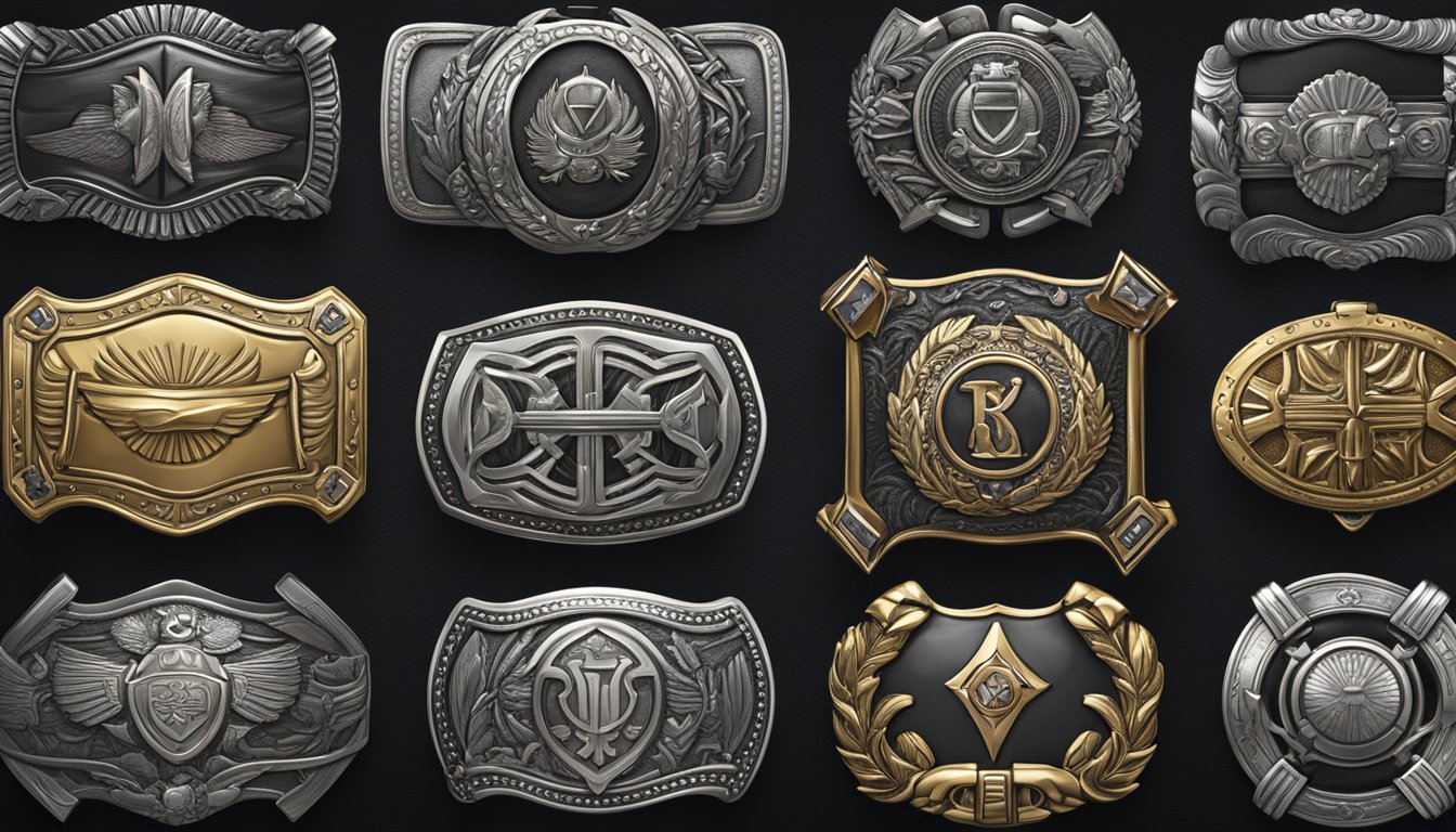 Shiny brand belt buckles arranged in a row on a dark leather background