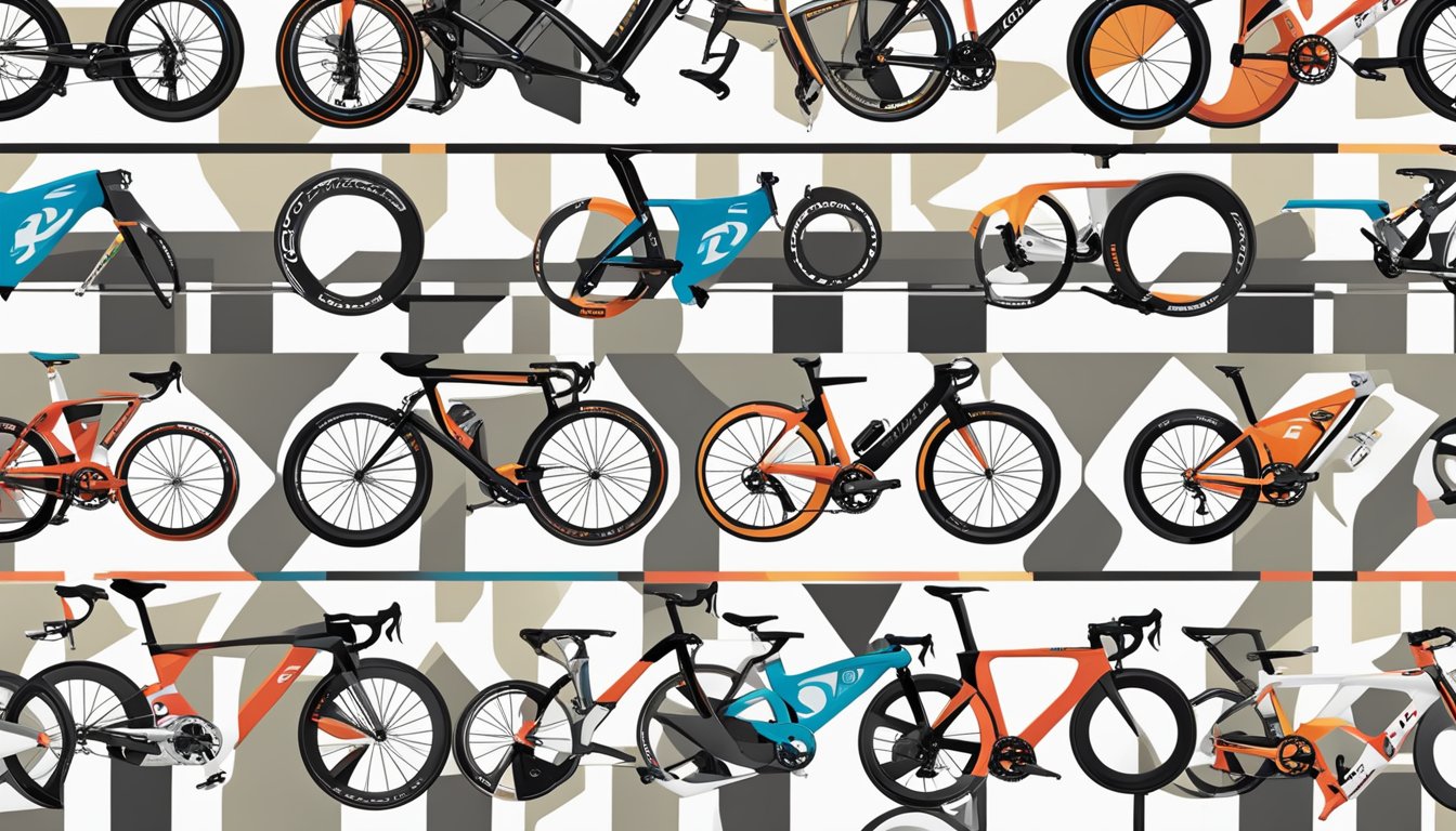A group of sleek, high-end road bikes lined up in a row, each displaying their respective brand logos prominently. The bikes are positioned against a clean, minimalist backdrop, emphasizing their luxury and quality
