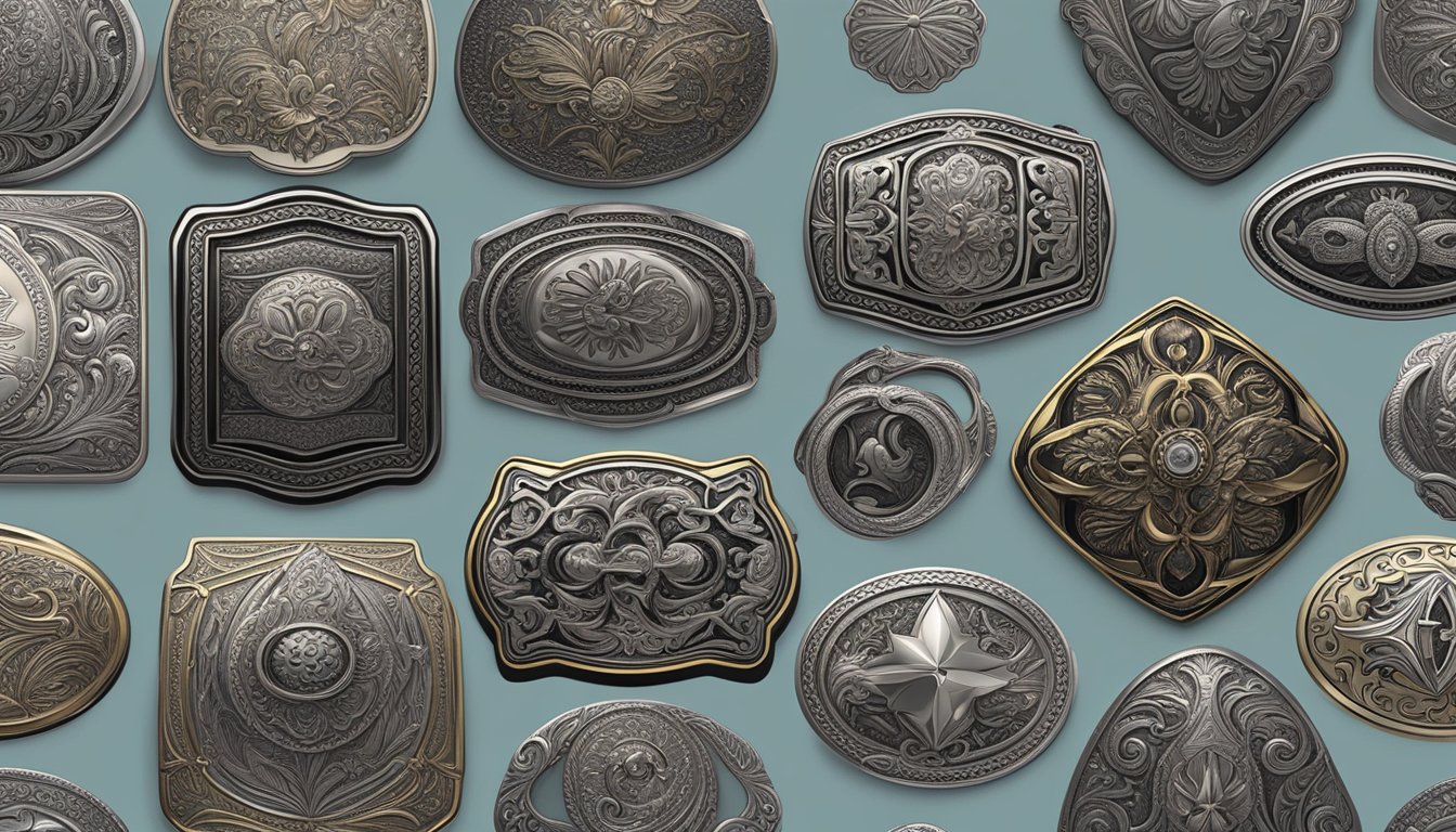 A collection of personalized belt buckles gleaming under bright lights, each one showcasing intricate designs and unique engravings