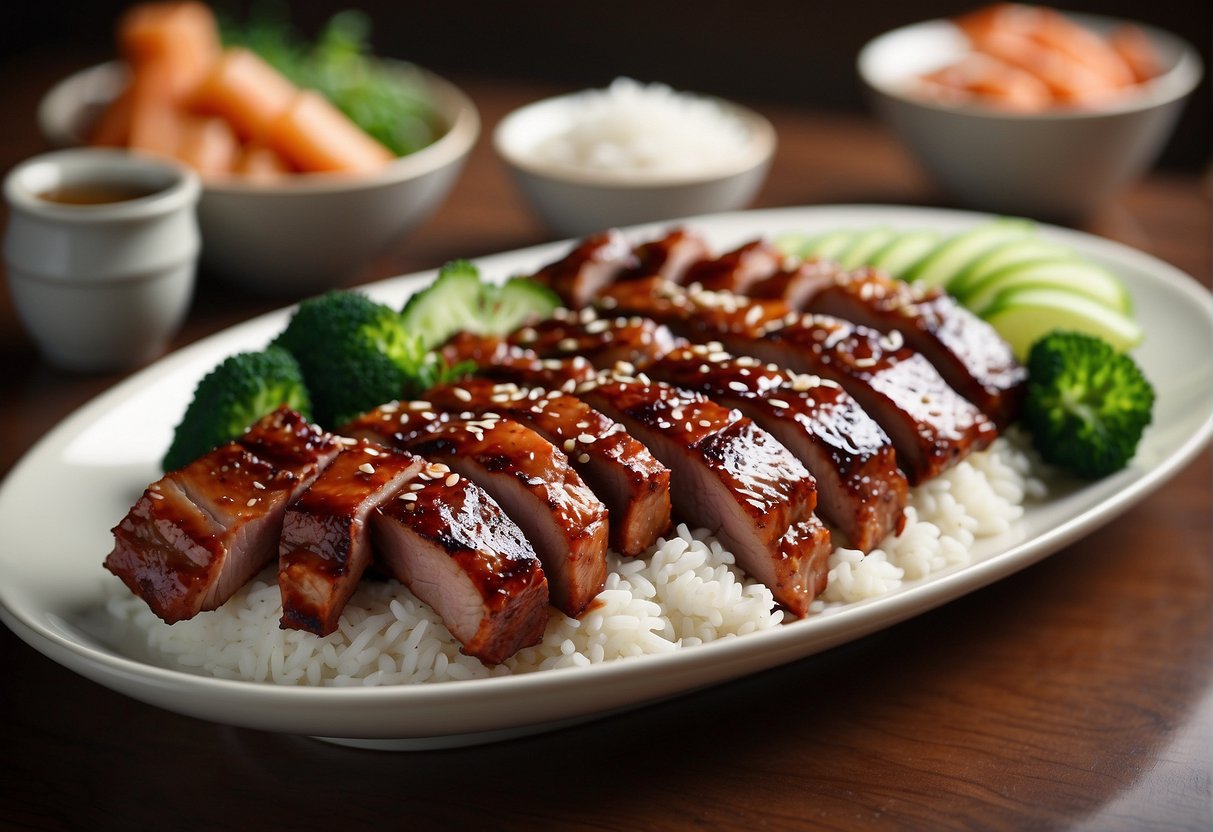 A platter of glistening Chinese BBQ pork is arranged with garnishes and a side of steamed rice on a decorative serving dish