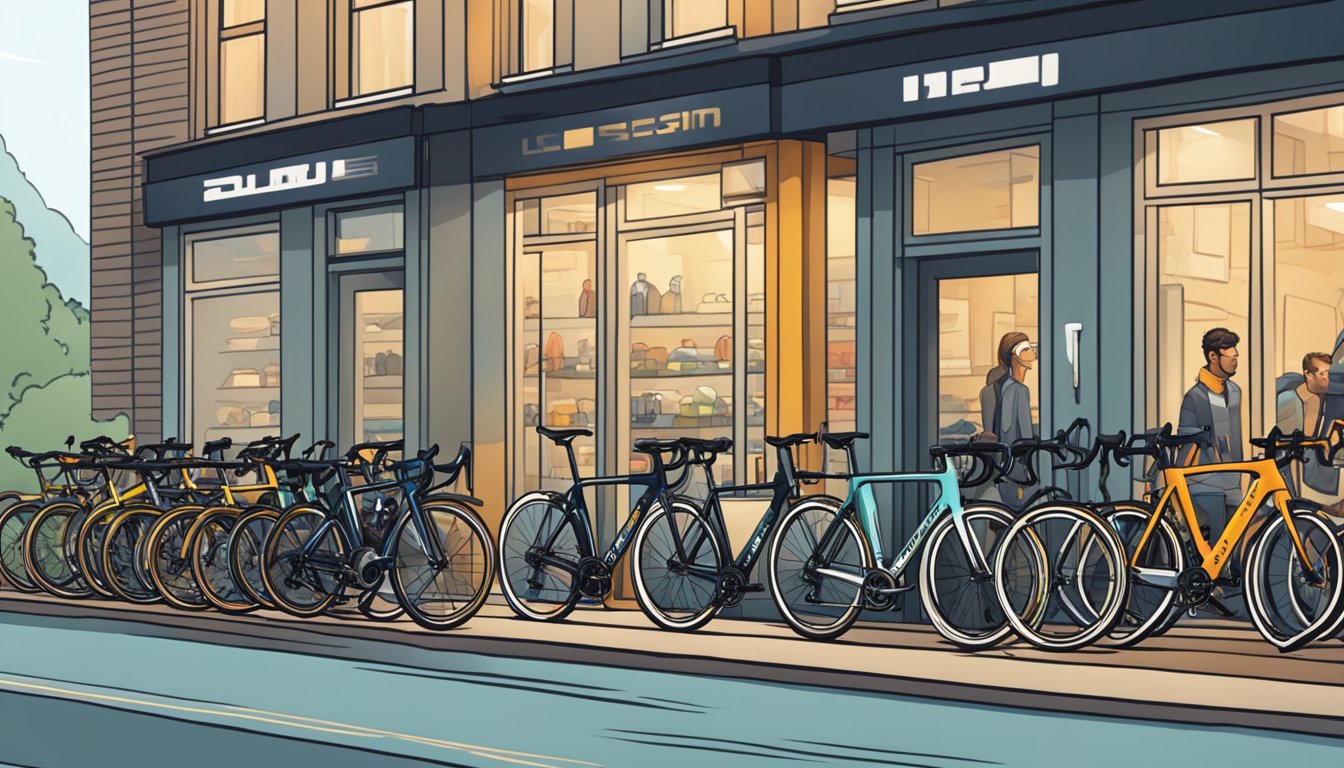A group of high-end road bikes lined up outside a trendy bike shop, with riders in sleek cycling gear chatting and admiring the latest models