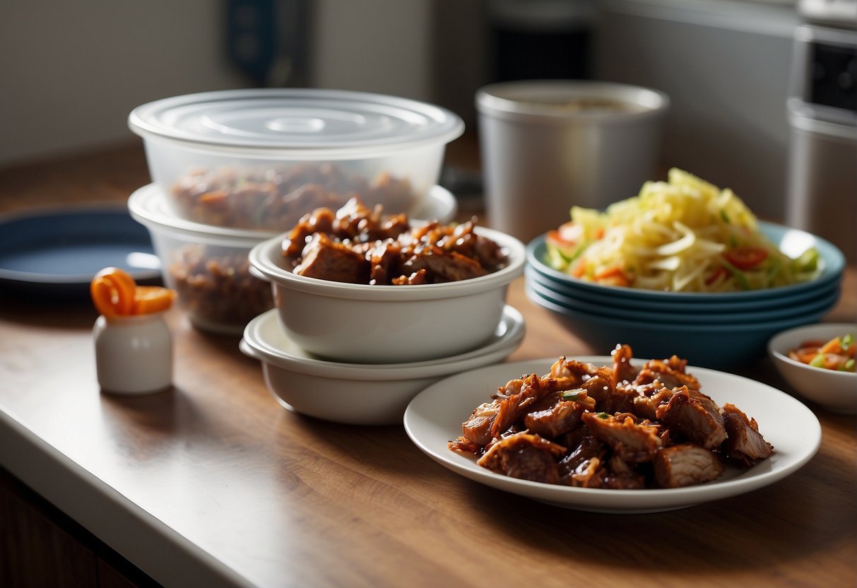 A plate of leftover Chinese BBQ pork sits on a kitchen counter next to a stack of tupperware containers for storage
