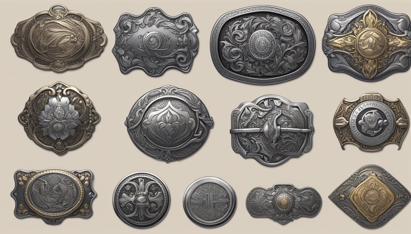 A close-up of various belt buckles with intricate designs and personalized engravings, showcasing the different customisation techniques used by the brand