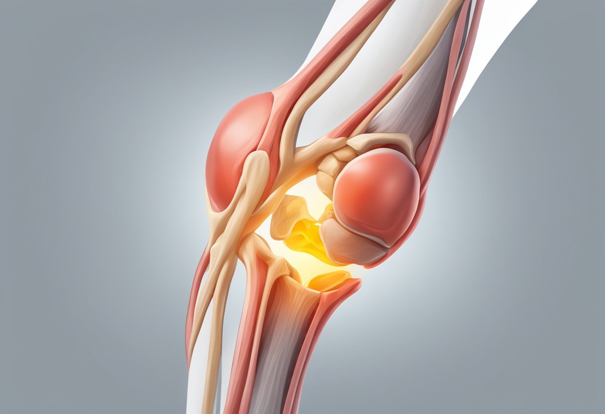 The knee throbs with pain, red and swollen from running. The joint feels tight and inflamed, making movement difficult