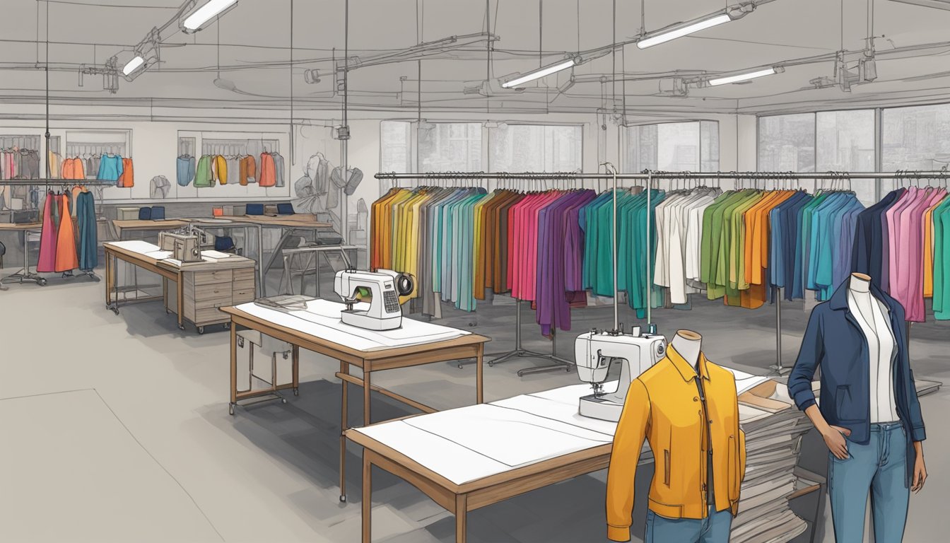 A colorful array of fabric rolls, sewing machines, and design sketches fill a bustling studio. Mannequins adorned with edgy, avant-garde clothing stand as a testament to the birth of a new stage clothing brand