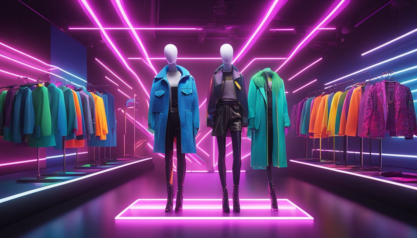 A vibrant stage with bold, edgy clothing displayed on mannequins. Neon lights highlight the brand logo, creating a dynamic and eye-catching display