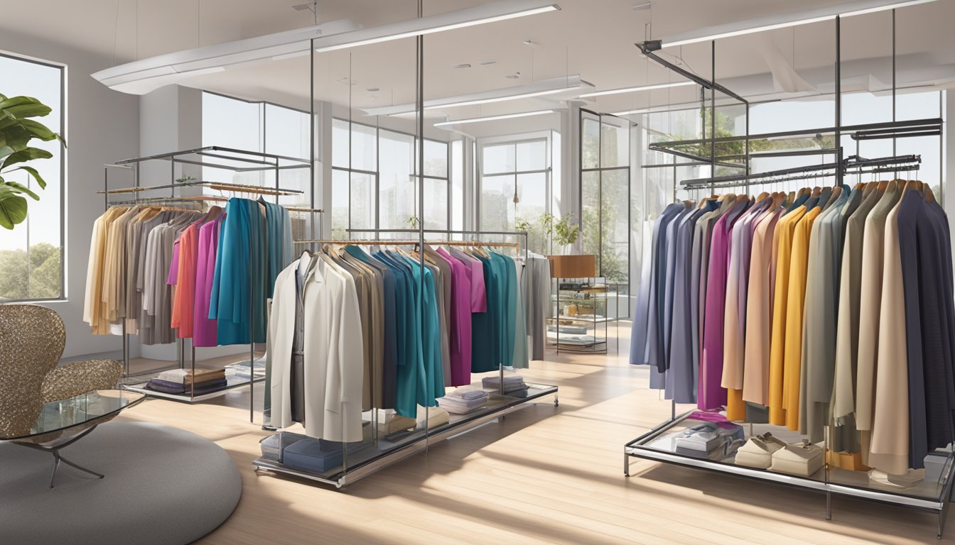 Vibrant stage garments displayed on sleek racks in a well-lit showroom. Fabrics shimmer and textures pop, showcasing the brand's high-quality craftsmanship