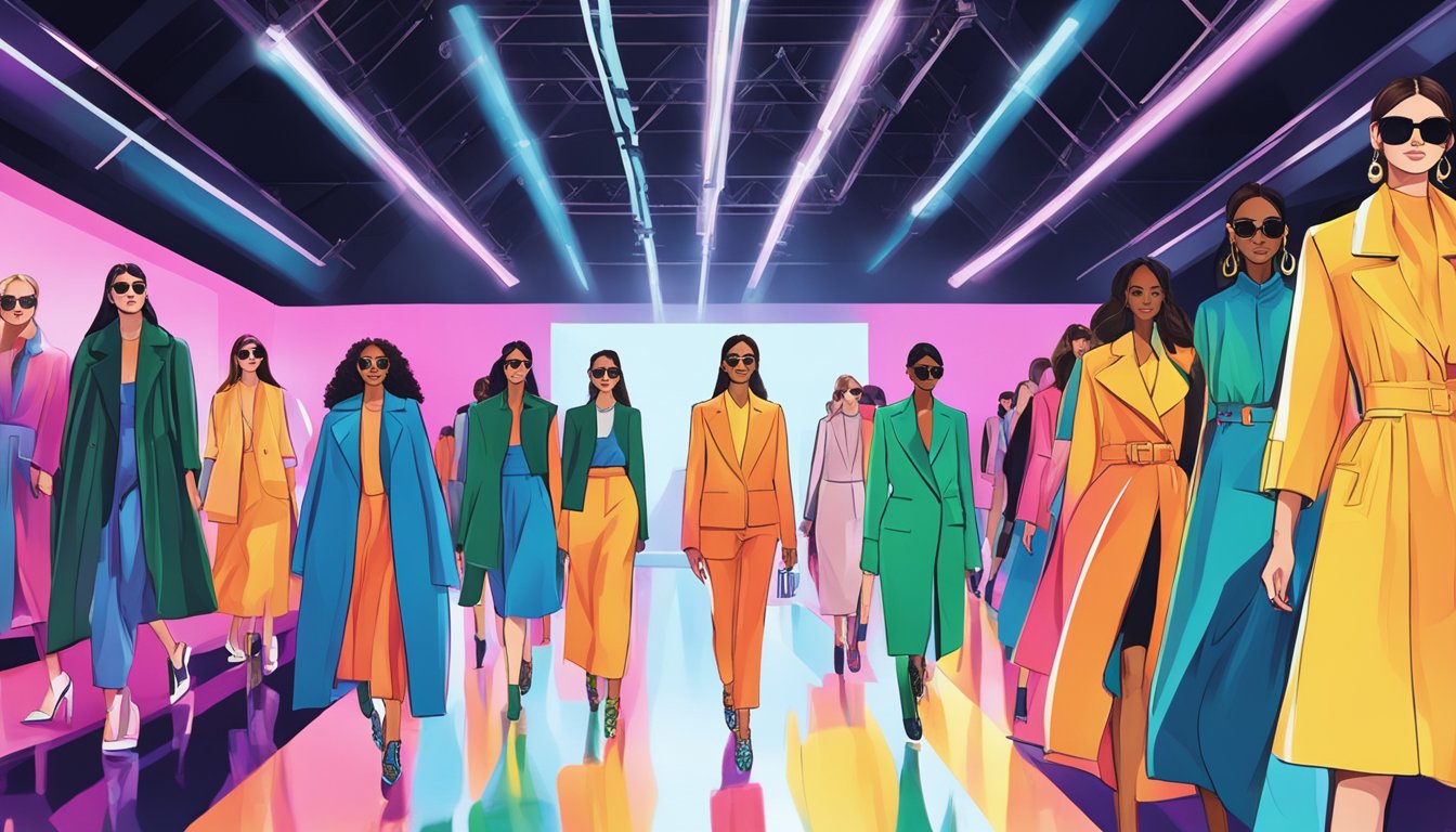 A runway with bright lights, showcasing The Stage Walk: A Week in Fashion brand clothing. Bold colors and sleek designs on display