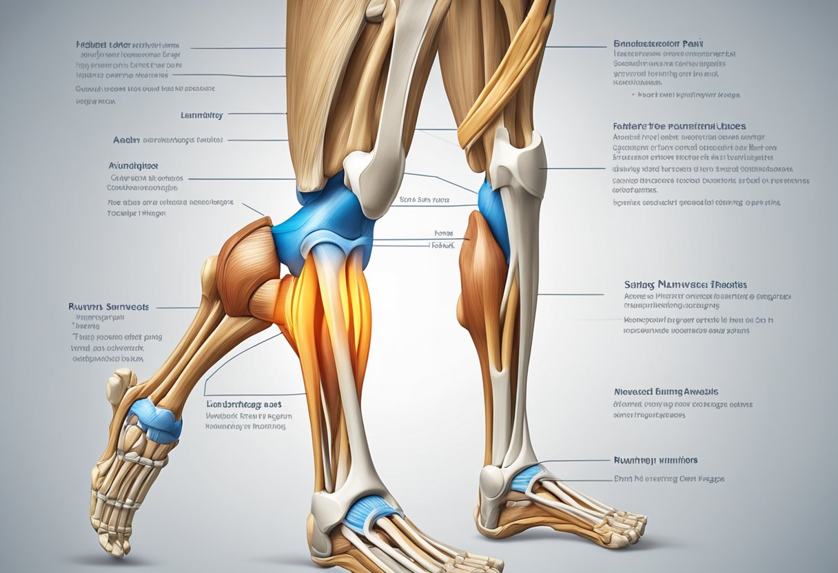 A detailed illustration of the inner knee anatomy, with focus on ligaments, tendons, and cartilage, showcasing the effects of running-induced pain