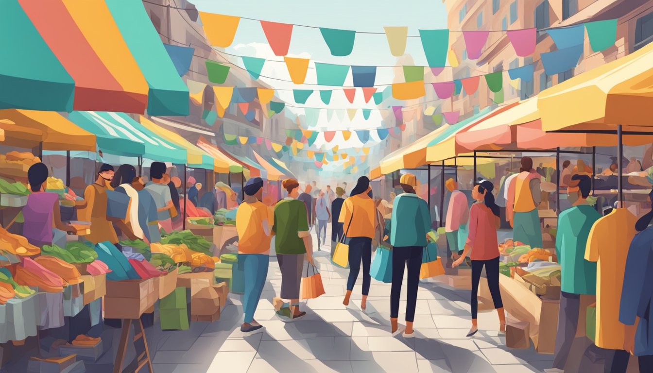 A bustling street market with colorful tents and enthusiastic customers browsing through racks of trendy clothing