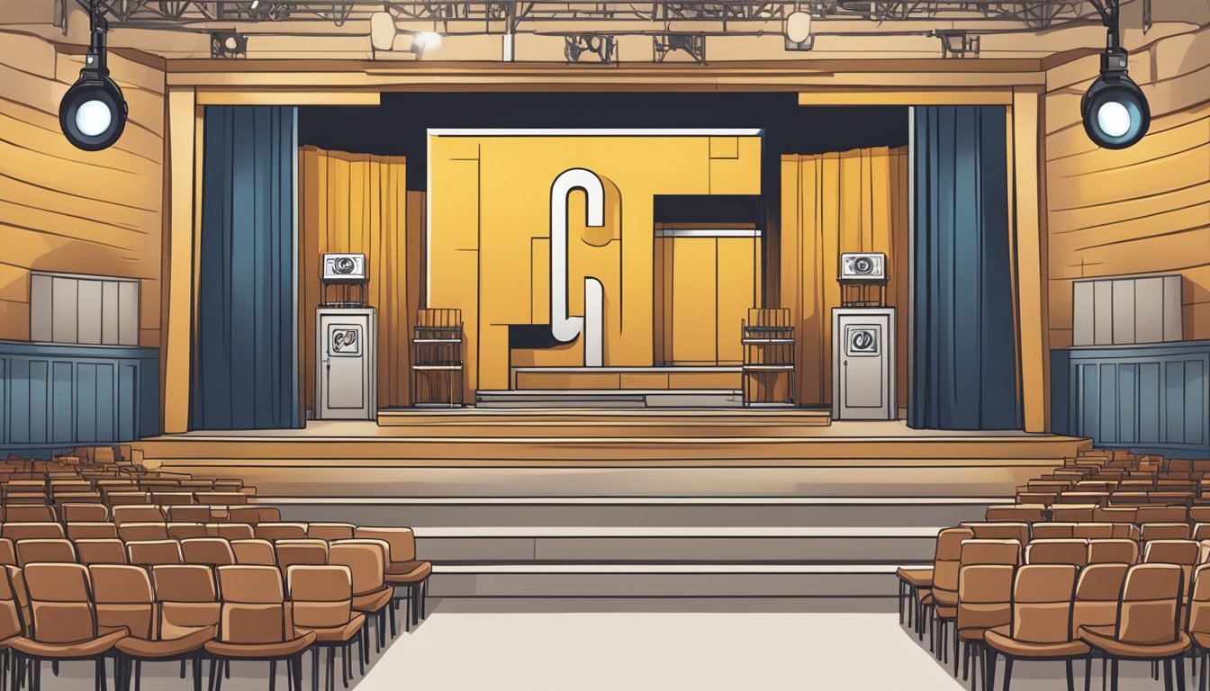 A clothing brand's FAQ stage with logo backdrop, mic, and audience seating