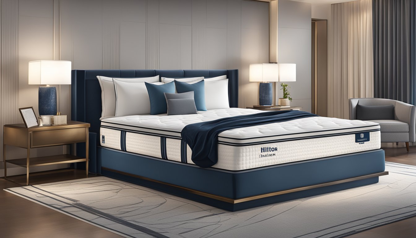 A luxurious Hilton hotel mattress, adorned with the iconic brand logo, sits atop a sleek bed frame in a spacious, modern hotel room