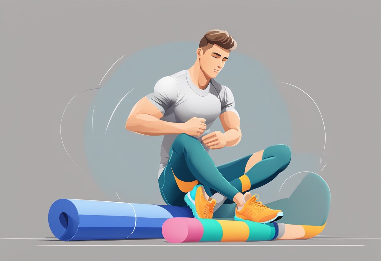 A runner sits with ice pack on inner knee, surrounded by foam roller, resistance bands, and exercise mat