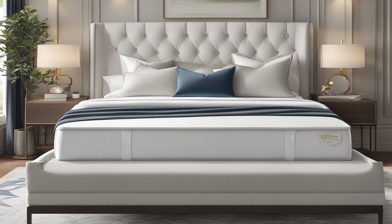 A luxurious Hilton mattress sits atop a plush bed frame, adorned with crisp white linens and fluffy pillows, creating an inviting and comfortable sleeping environment