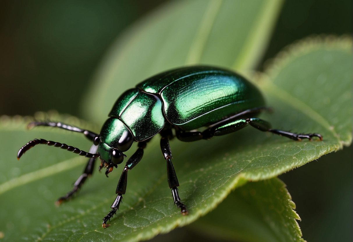 A small, metallic green beetle with enlarged hind legs and a compact body, often found on leaves or stems of plants