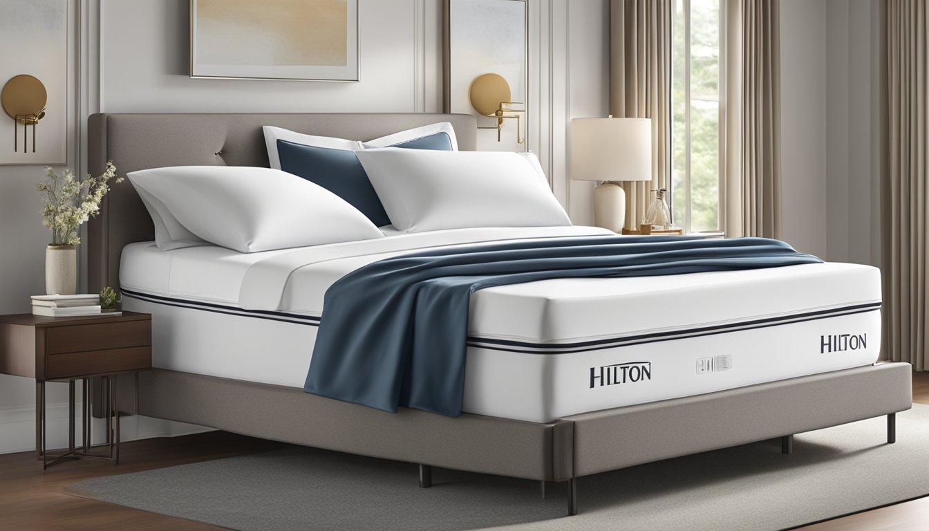 A plush Hilton hotel mattress sits atop a sleek bed frame, adorned with crisp white linens and fluffy pillows, creating an inviting sleep experience