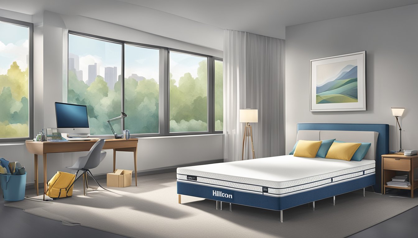 A Hilton hotel mattress brand is tested for durability and undergoes maintenance in a clean, well-lit room with tools and equipment nearby