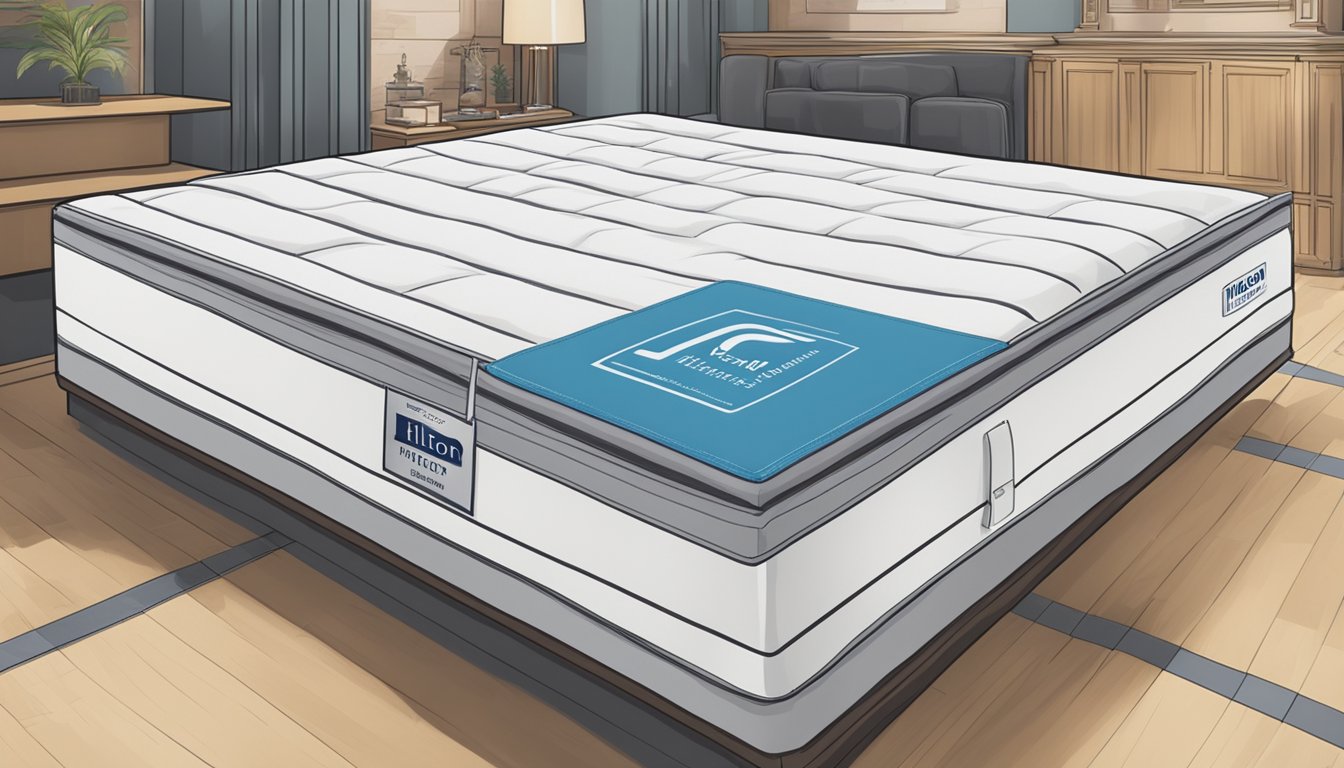 A person purchases a Hilton Hotel Mattress from a store, with the brand name clearly displayed on the packaging