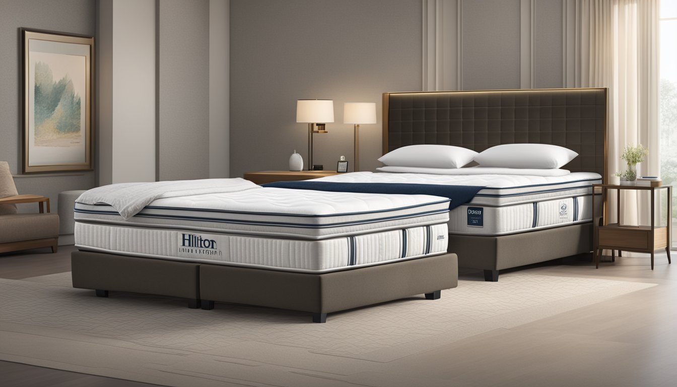 A luxurious hotel mattress with the Hilton brand logo prominently displayed, surrounded by neatly folded linens and fluffy pillows