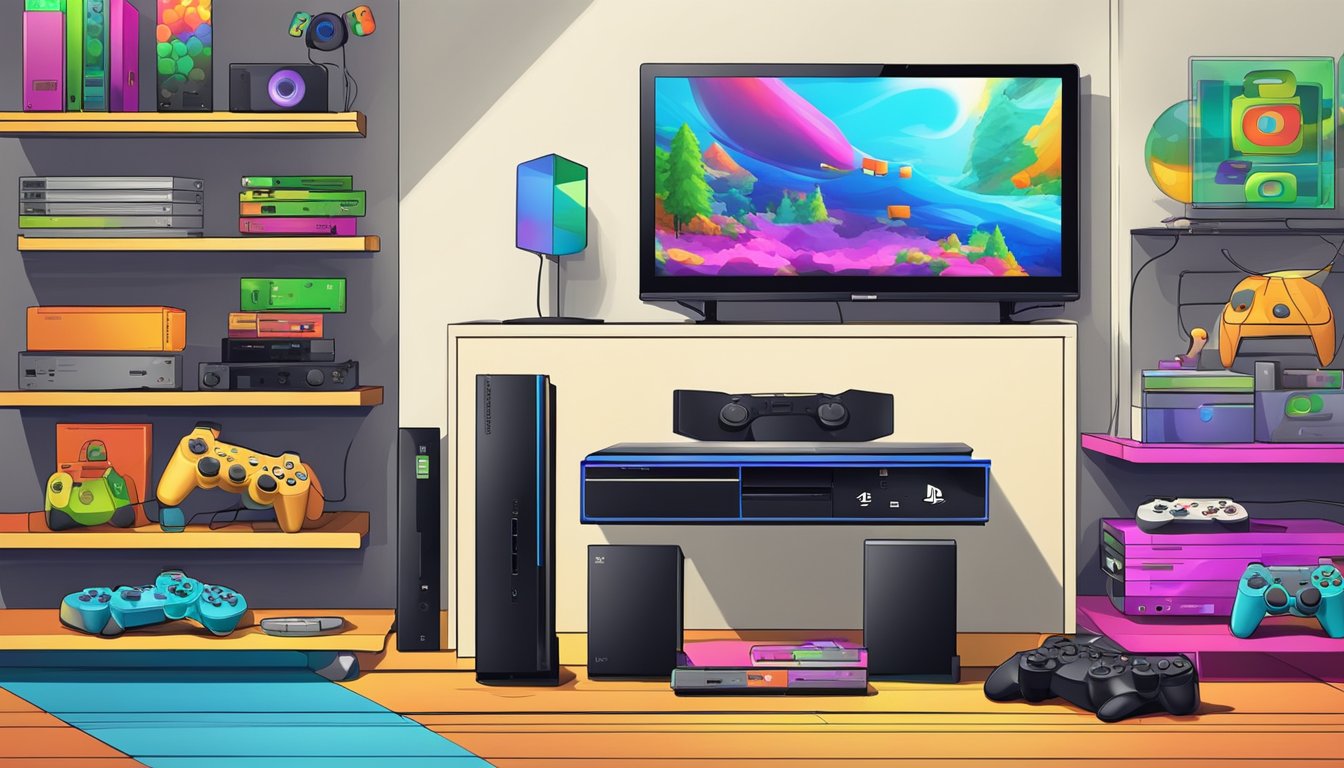 A brand new PS3 Slim sits on a sleek, modern entertainment center, surrounded by high-tech gaming accessories and vibrant, colorful game cases