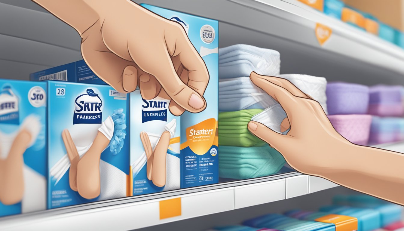 A hand reaches for a pack of Starter brand underwear on a store shelf