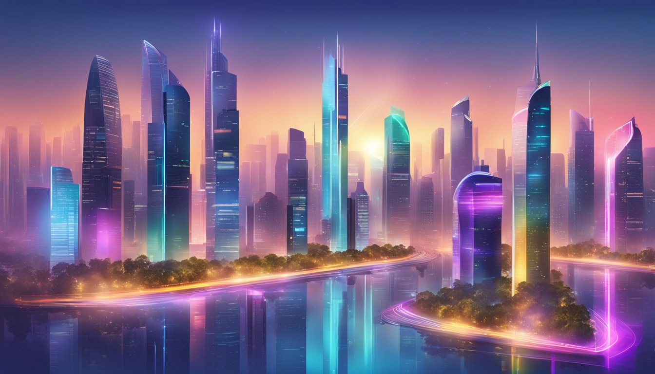 A modern city skyline with sleek, futuristic buildings, illuminated with vibrant digital displays and interactive interfaces