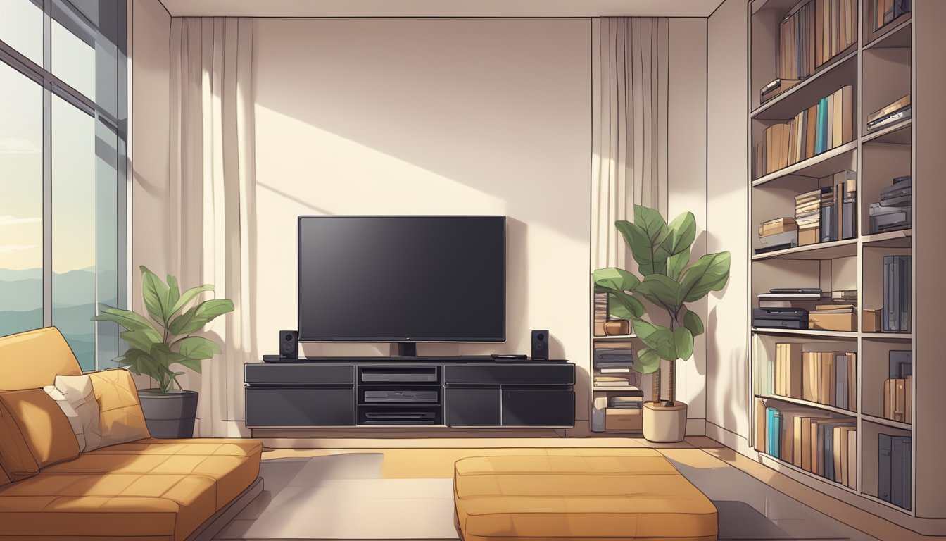 A sleek PS3 Slim sits on a modern entertainment unit, surrounded by neatly organized game cases and controllers. The room is bathed in warm, inviting light