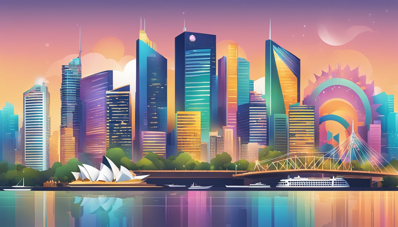 A modern city skyline with iconic landmarks, vibrant colors, and sleek typography representing a dynamic and innovative brand in Brisbane