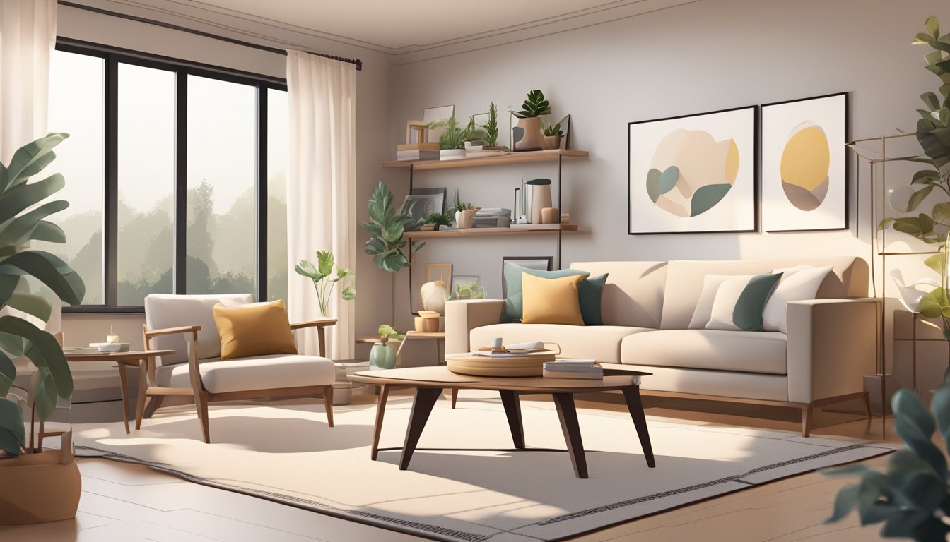 A cozy living room with modern furniture, soft lighting, and a neutral color palette. A shelf displays stylish home decor, and a large window lets in natural light