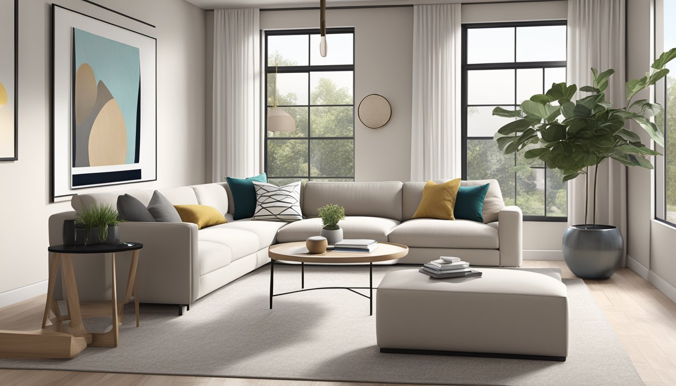 A modern living room with sleek furniture, clean lines, and neutral color palette. Minimalist decor with pops of color and natural light