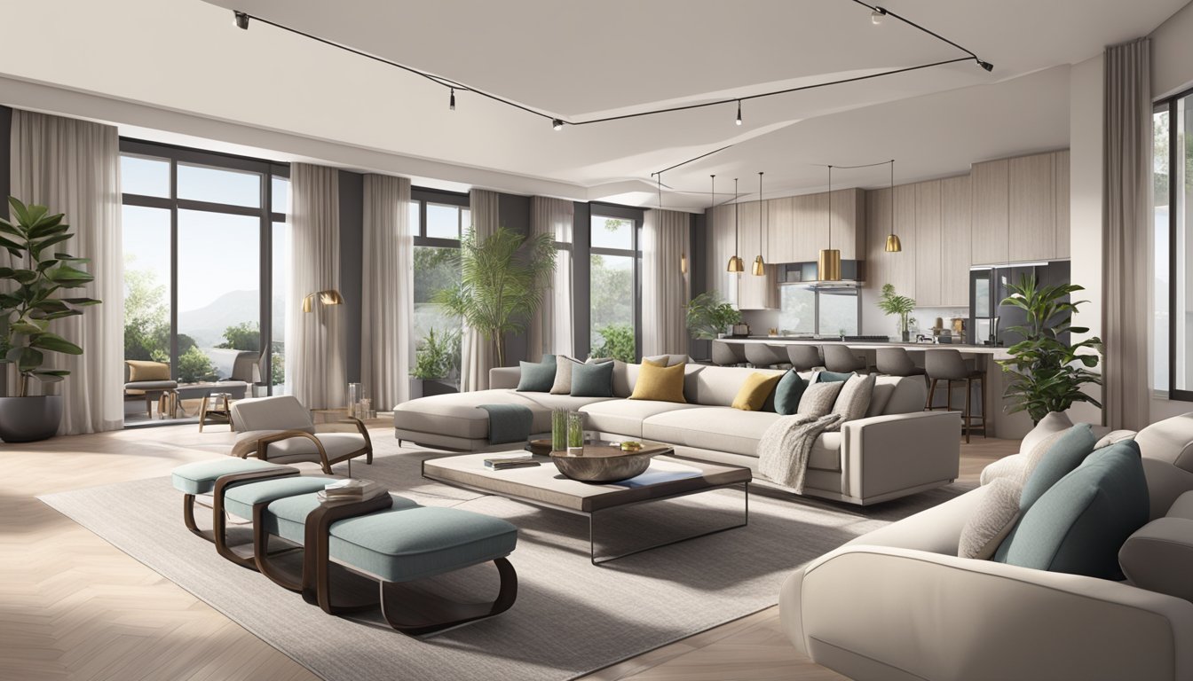 A modern living room with sleek furniture from top designers. Clean lines, neutral colors, and a mix of textures create a sophisticated and inviting space
