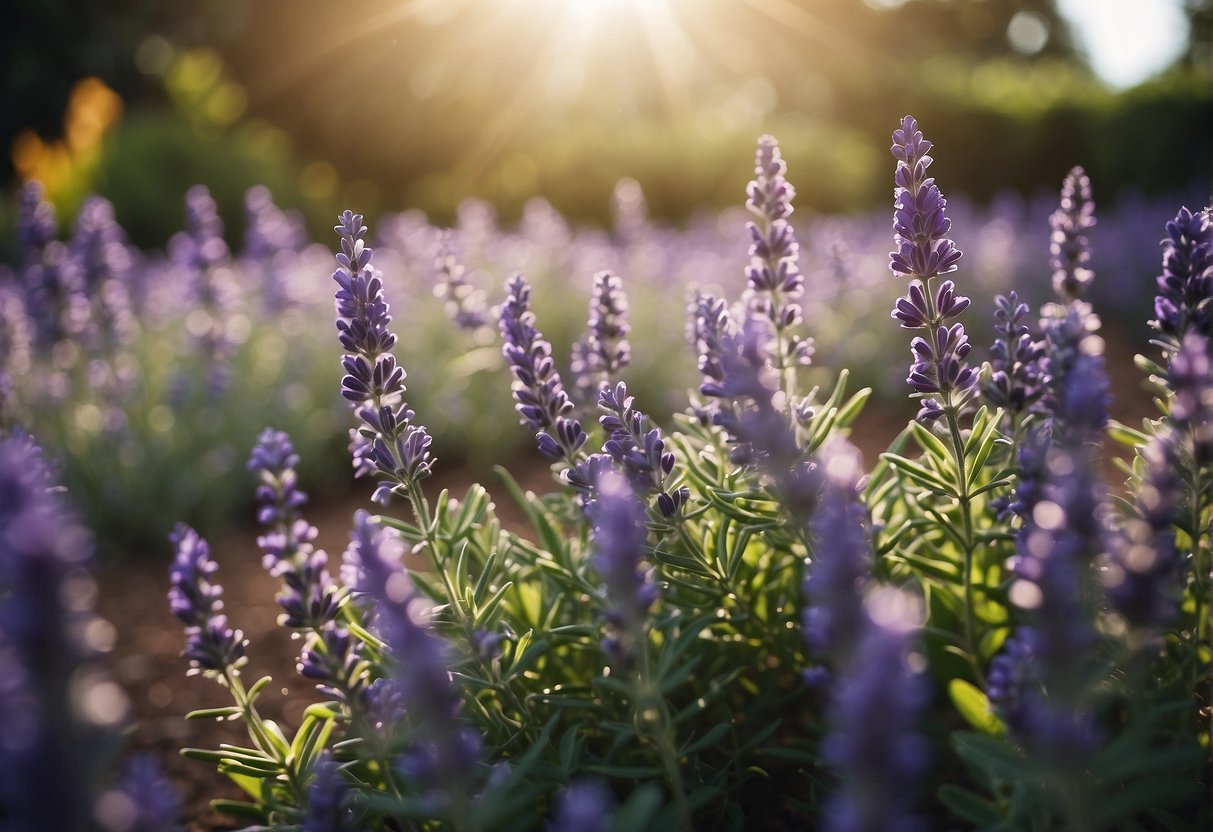 Lavender, rosemary, and mint repel slugs. Show a garden with these plants thriving while slugs avoid them