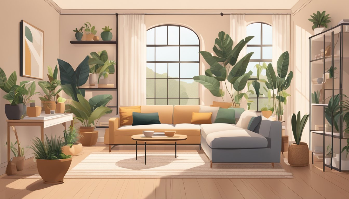 A cozy living room with soft lighting, modern furniture, and plants. A warm color palette and natural textures create a welcoming atmosphere