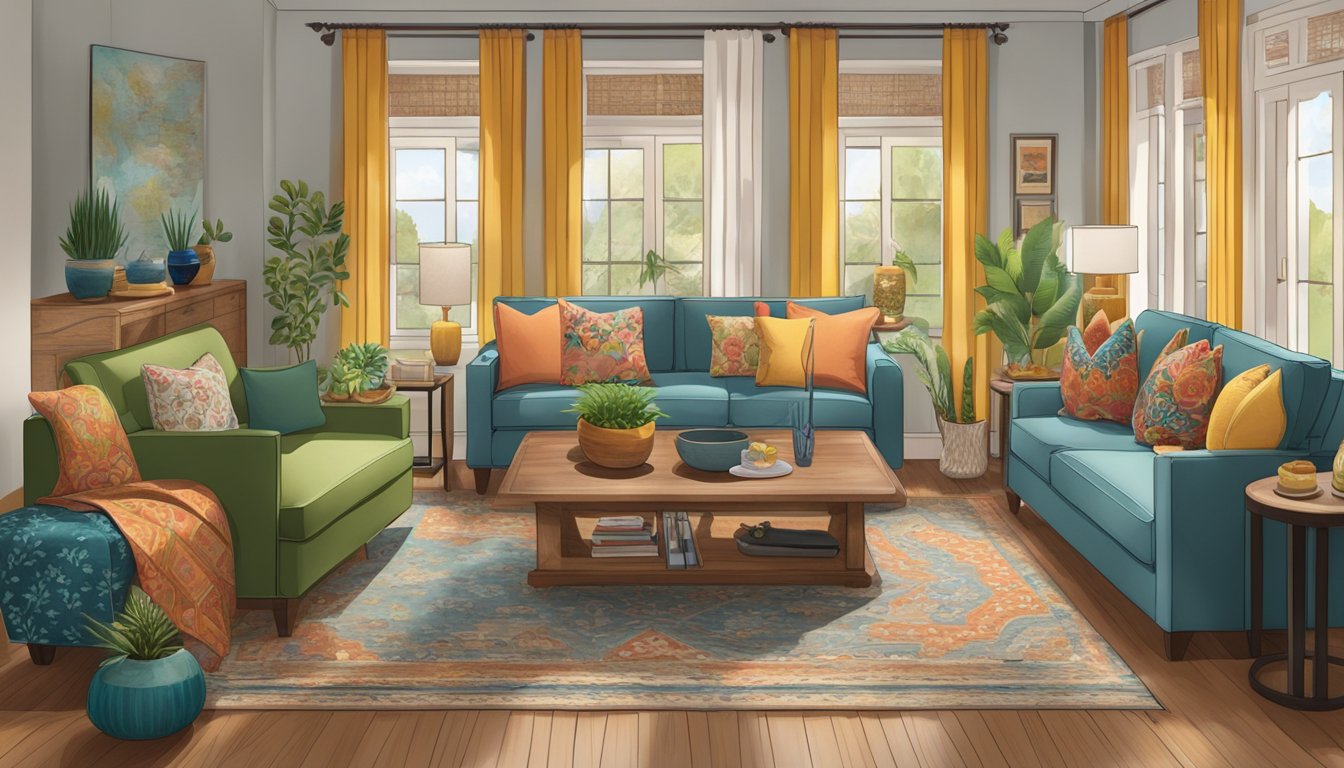 A cozy living room with traditional furniture, vibrant textiles, and cultural decor reflecting the regional influence of the brand