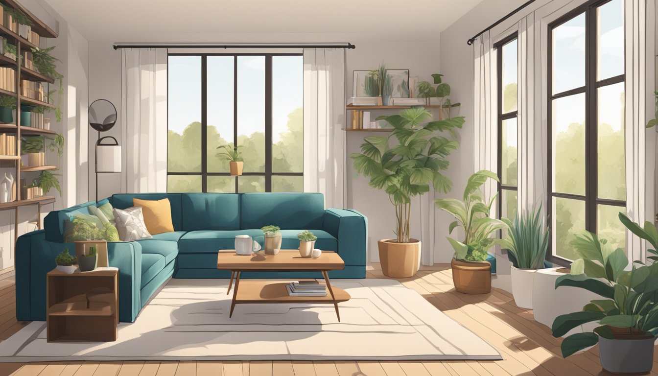 A cozy living room with a modern sofa, a stylish coffee table, and shelves filled with decorative items and books. A large window lets in natural light, and a potted plant adds a touch of greenery to the space