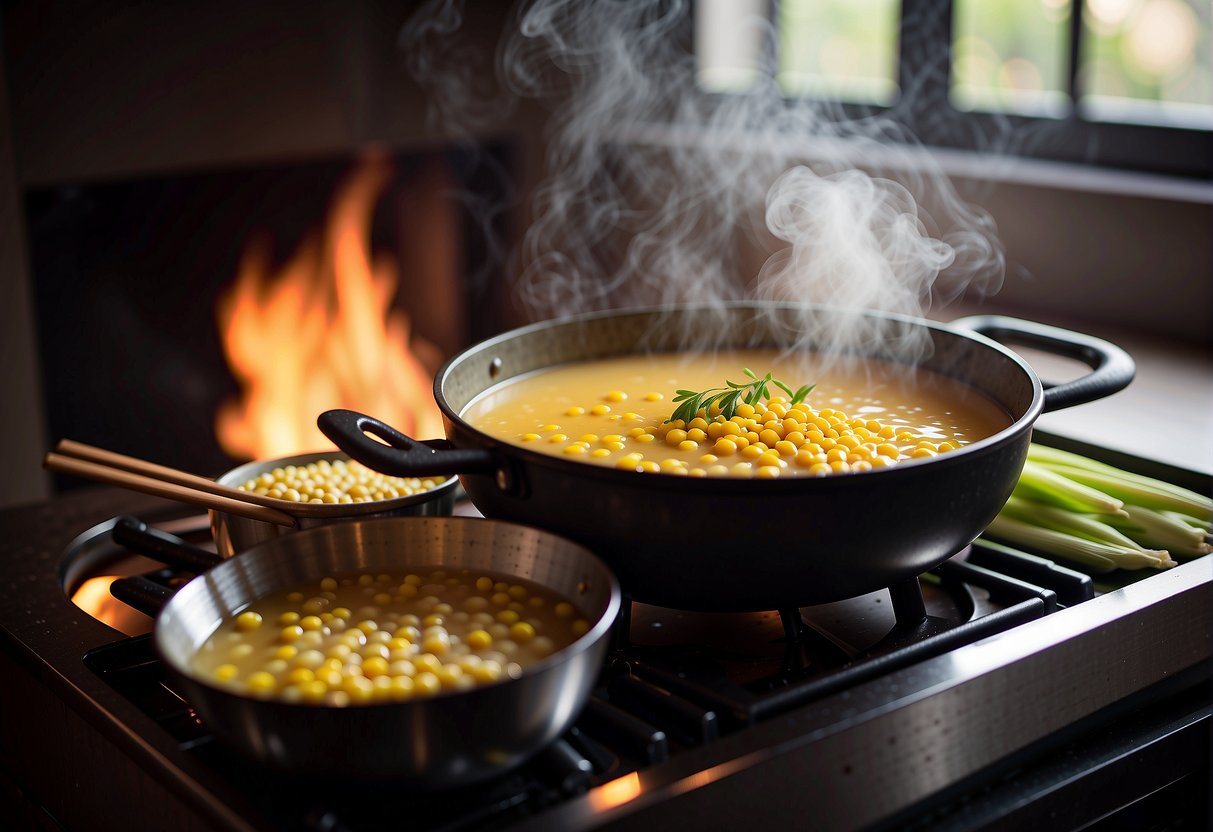 A steaming pot of Chinese-style corn soup simmers on a stove, filled with tender corn kernels, savory broth, and fragrant seasonings. A pair of chopsticks rests on the side, ready to serve