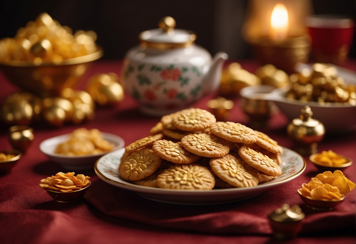 A table adorned with traditional Chinese decorations, showcasing a plate of golden-brown cornflakes cookies, symbolizing prosperity and good fortune in Chinese New Year celebrations