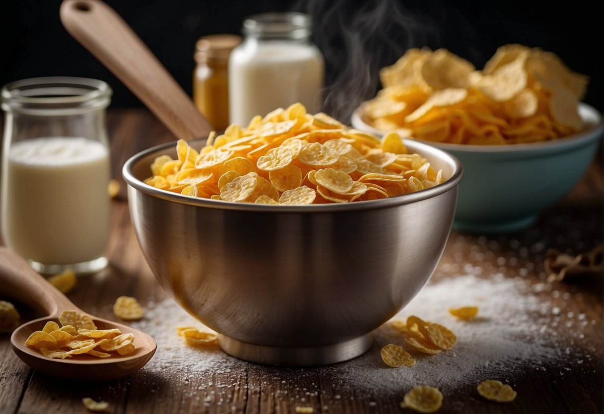 A mixing bowl filled with cornflakes, flour, sugar, and butter. A spoon stirs the ingredients together, ready for shaping and baking
