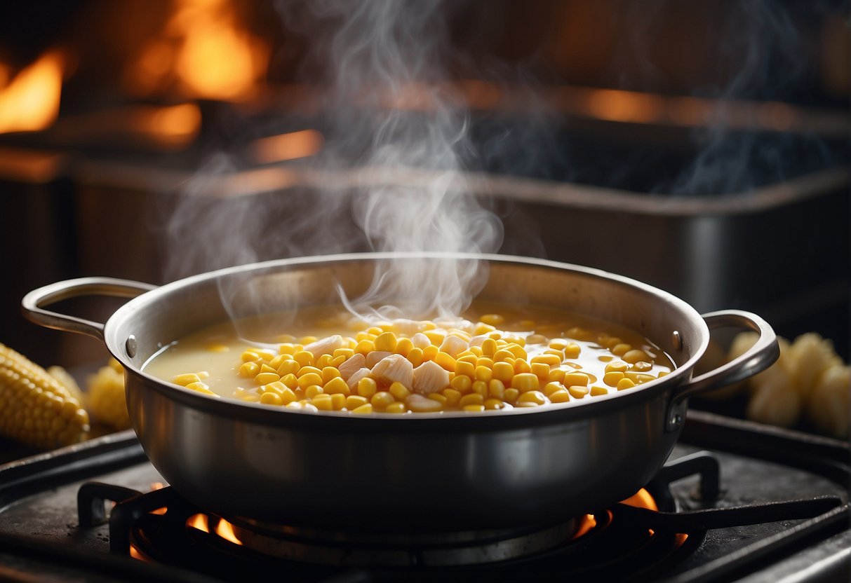 A steaming pot of Chinese-style corn soup simmers on a stove, filled with fresh corn, chicken broth, ginger, and other essential ingredients